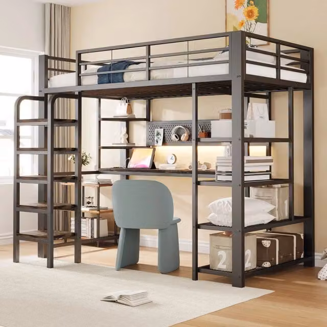 Letto a soppalco singolo con scrivania ¨C Minimal ¨C Nero metallo 90x200 cm con luci LED