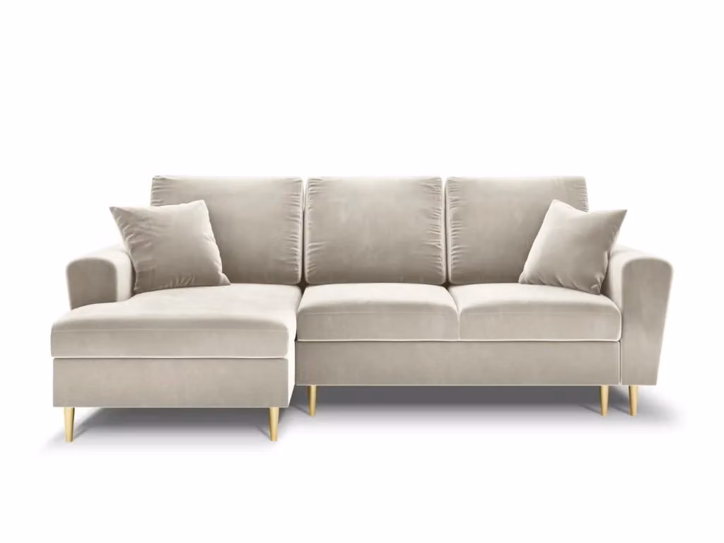 Divano convertibile angolare sinistro Kyoto di Cosmopolitan Design con contenitore, 4 posti, in velluto beige e oro, L: 241 cm, P: 105 cm, H: 88 cm – 2