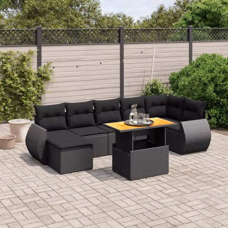 vidaXL Set Divani da Giardino a L con Cuscini 8 pz Nero in Polyrattan e Legno di Acacia