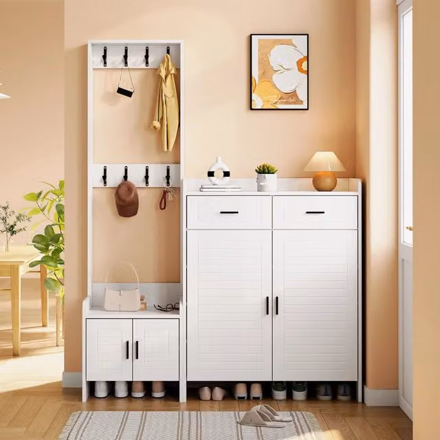 Combinazione mobile da ingresso SINGULARTY con appendiabiti, scarpiera e 2 cassetti, bianco opaco, L: 125 cm, P: 36 cm, H: 165 cm
