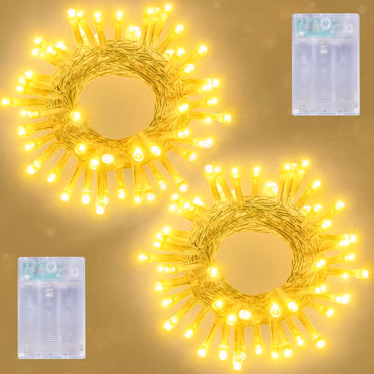 Confezione da 2 catene luminose a LED, lunghezza 5 metri, luce bianco caldo, alimentazione a batteria, con timer
