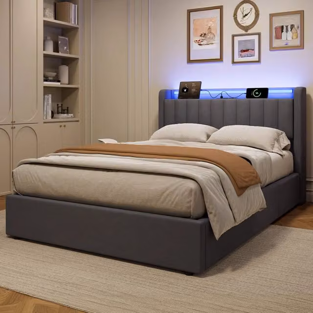 Letto Imbottito 140x190 cm Grigio Scuro in Velluto con Contenitore, USB e Luce d’Atmosfera