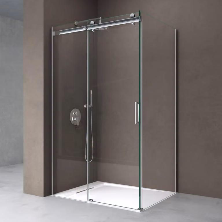 doporro Box Doccia Angolare 90x100x195 cm in Vetro Temperato Trasparente 8 mm Porta Scorrevole con Maniglie e Profili Cromati, Piatto Doccia Bianco da 4 cm Incluso - Ravenna17K