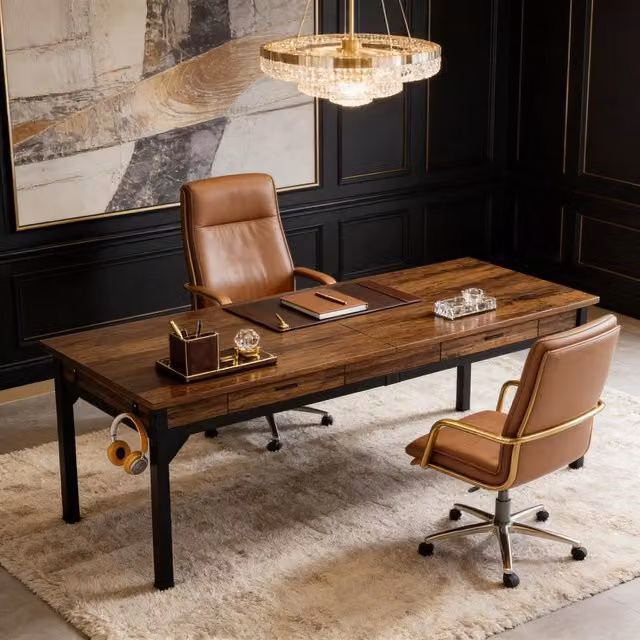 Scrivania dritta doppia per due persone con due cassetti e ganci in metallo e legno 200 × 60 × 82 cm