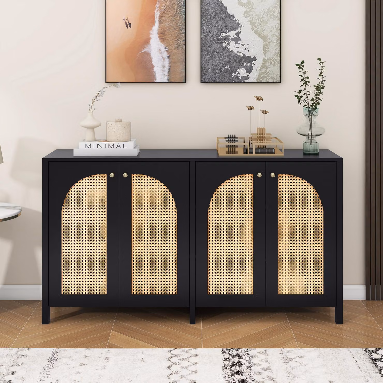 Cassettiera Flieks per soggiorno con anta in rattan, credenza con ripiani regolabili, mobile laterale 145x40x80 cm, nero