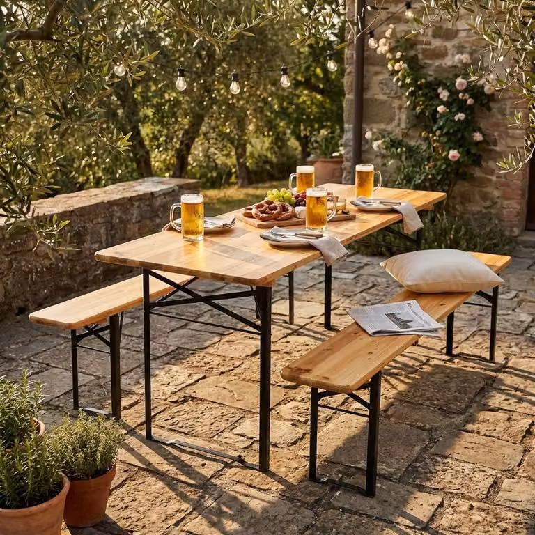 Milani Home - set birreria tavolo e panche, legno, tavolo e 2 panche, 8 posti, marrone e verde, piano 220 x 70 cm