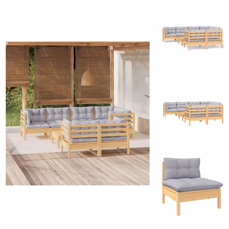 vidaXL Set di 8 pezzi da giardino con cuscini grigi in pino massiccio - Set di mobili da giardino
