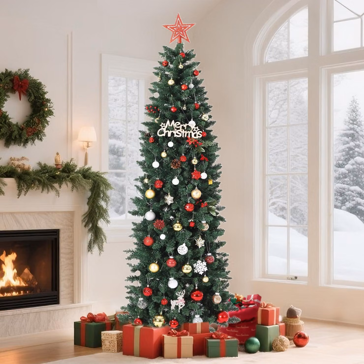 Albero di Natale artificiale, modello slim e stretto, altezza 180 cm (6.0 piedi), con illuminazione LED (bicolore / bianco caldo) – montaggio a cerniera, supporto in metallo