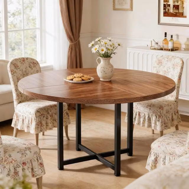 Tavolo da pranzo rotondo 120 cm in metallo e legno; nero e marrone; stile industriale