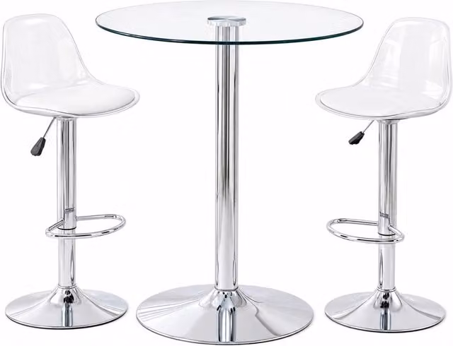 Set bar rotondo 89 cm in vetro trasparente, 2 sgabelli argentati regolabili e girevoli