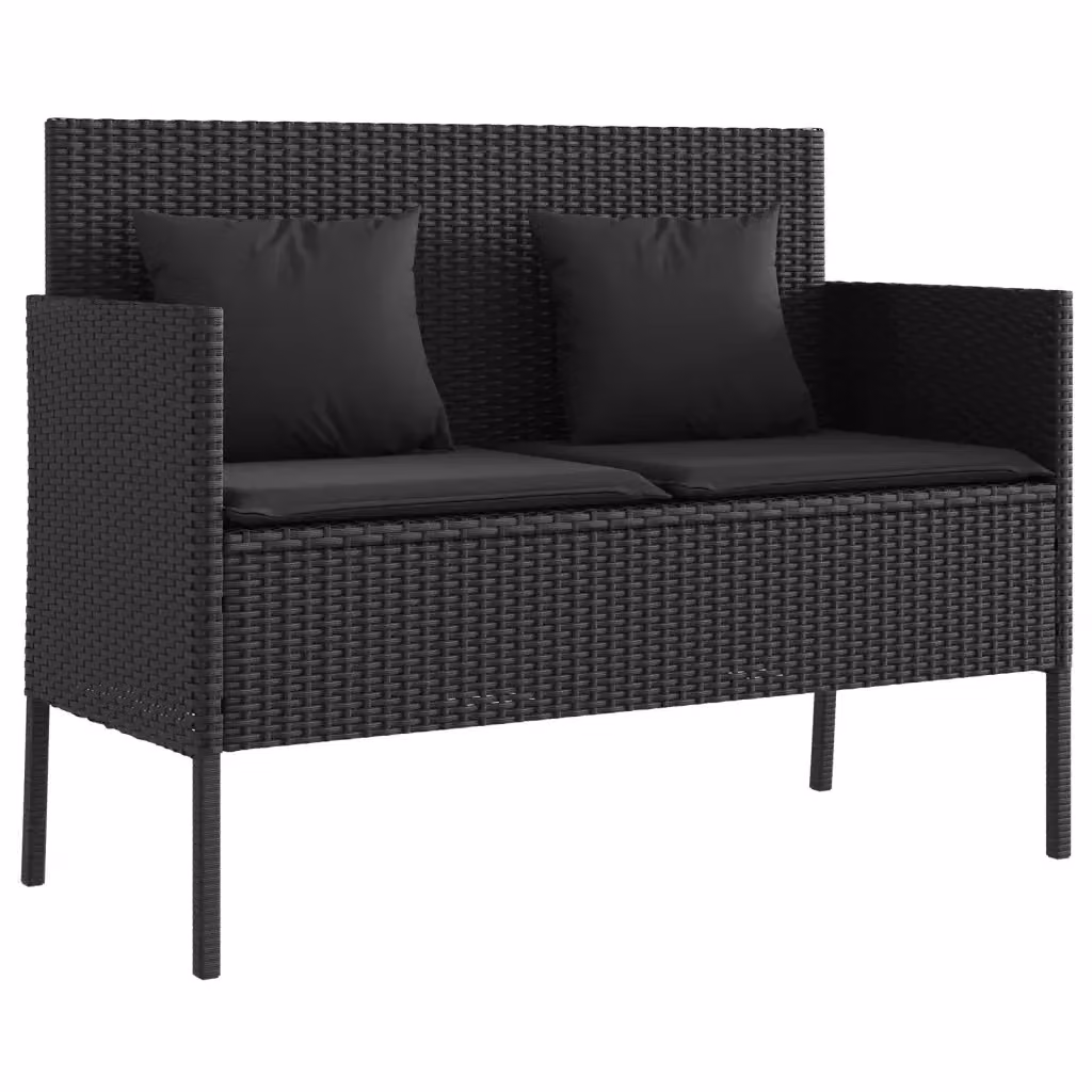 Panca da giardino moderna vidaXL in polyrattan nera con cuscini L: 113 cm, P: 61 cm, H: 87 cm – 2