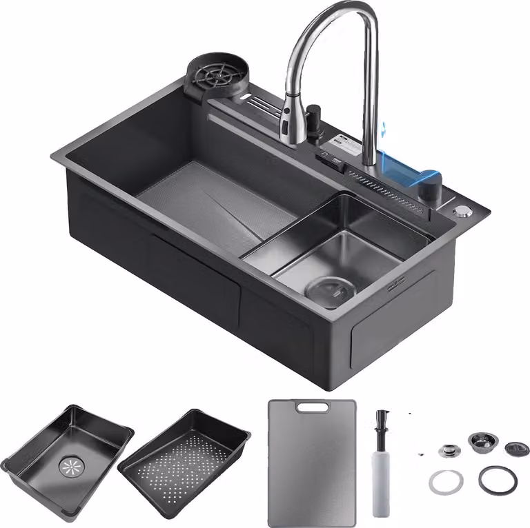 Lavello da cucina a incasso, acciaio inossidabile 304, design con due vasche, dimensioni 75x45 (digitale)