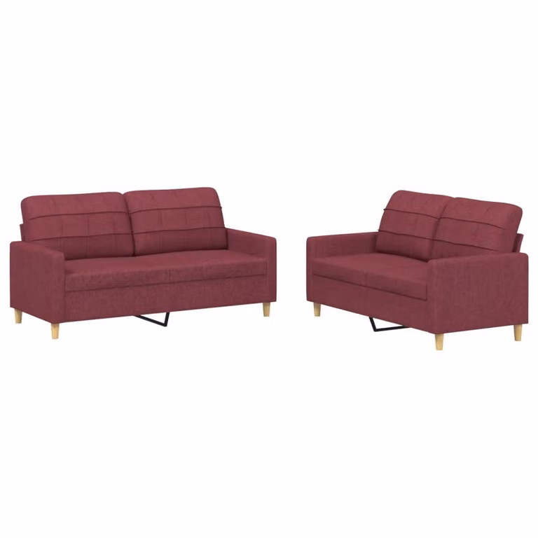 Set di Divani 2 pz con Cuscini Rosso Vino in Tessuto