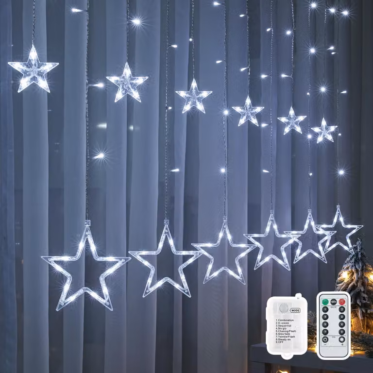 Tenda luminosa a LED per finestre, 138 stelle, 2 metri, luce bianca fredda, alimentazione a batteria