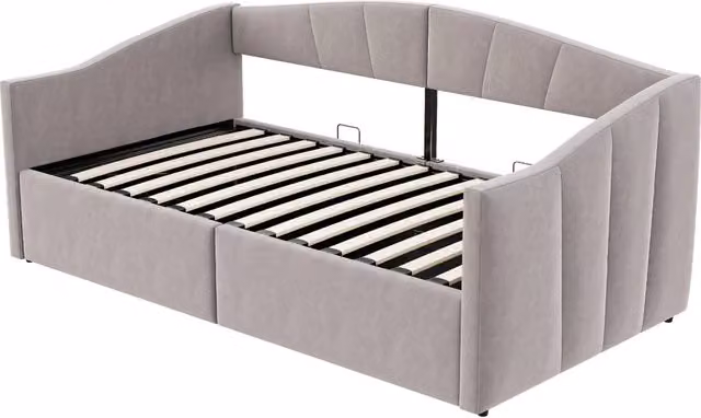 Letto a divanetto singolo con contenitore idraulico e braccioli in tessuto grigio, L/P: 90 x 200 cm – 1
