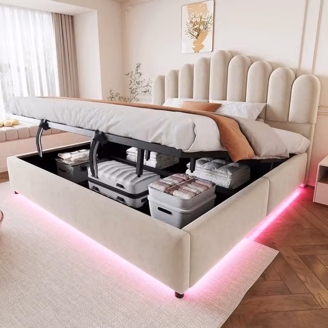 Letto imbottito contenitore con rete a doghe e LED ¨C Minimal ¨C Velluto beige 180x200cm