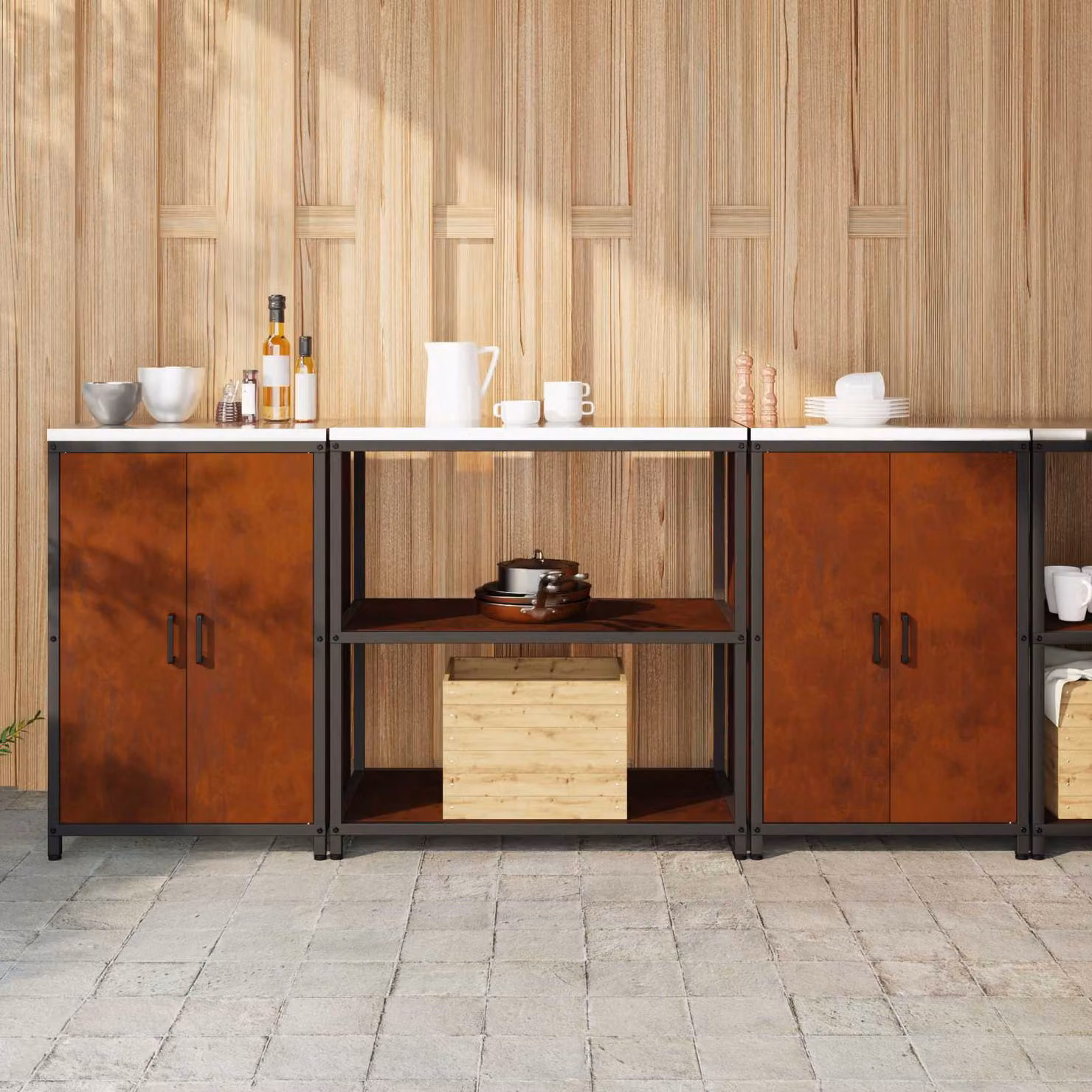 vidaXL Mobile Unità a Parete per Cucina in Metallo Stile Industrial Marrone con Ante a Battente – 1