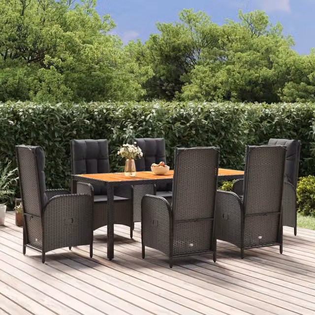Set da Pranzo da Giardino Moderno vidaXL in Polyrattan e Legno di Acacia Nero con 7 Pezzi