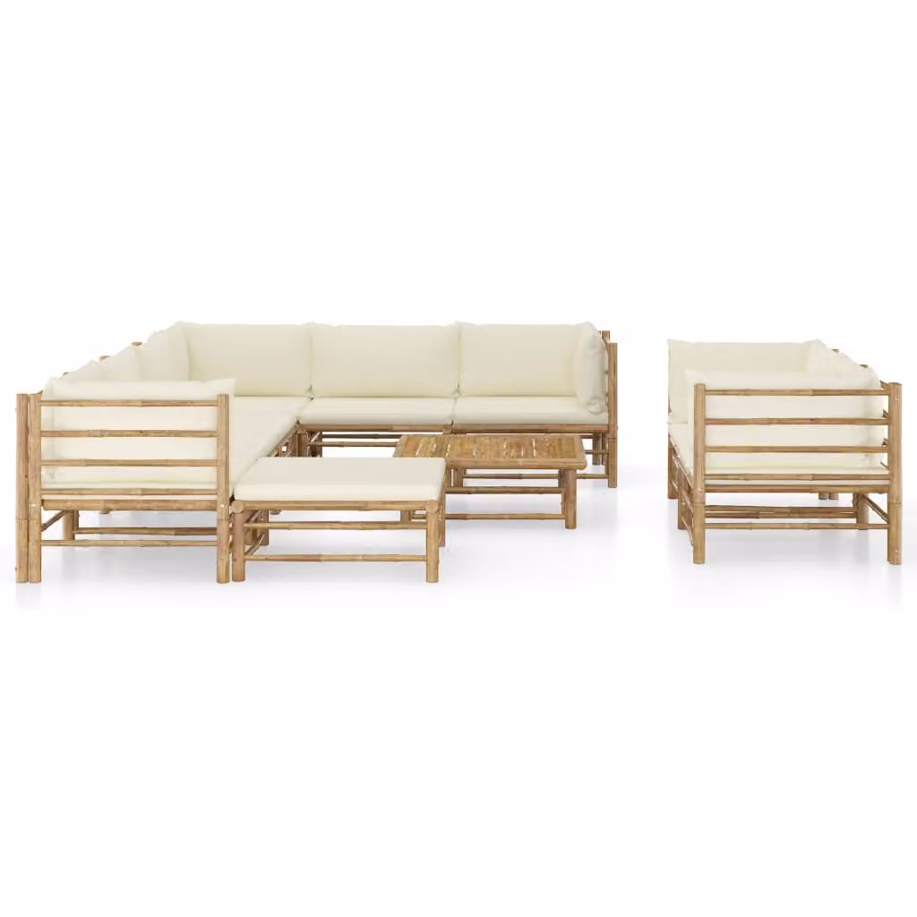 set da salotto da giardino da 10 pezzi con cuscini in bambù bianco crema