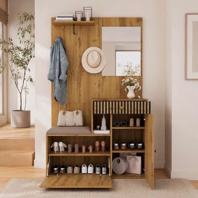 Guardaroba da ingresso ULEVR 110x37x185,5 cm con specchio, seduta imbottita, ripiani regolabili e appendiabiti nero e naturale