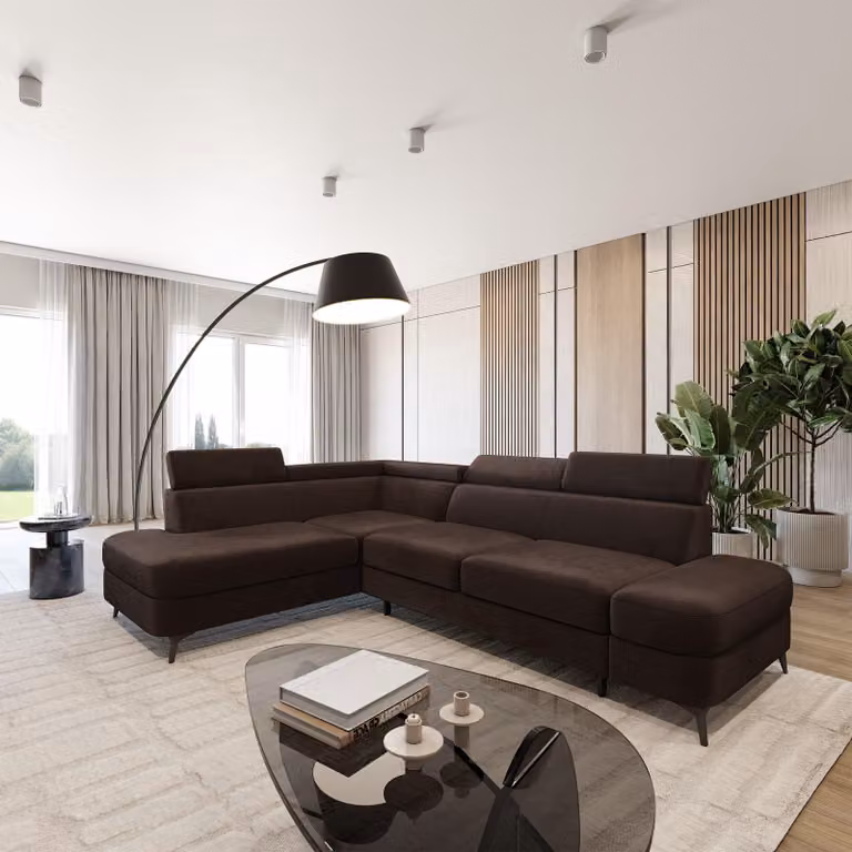 Divano ad angolo Masseno AVISE M L-S con funzione letto a L, divano con contenitore, divano da salotto, divano, divano letto, set divani - Marrone, MONOLITH 29