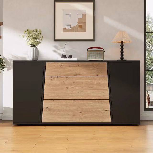 Credenza con 2 ante, 3 cassetti e ripiani regolabili per cucina e soggiorno, in MDF, nero e legno, 140 × 35 × 70 cm