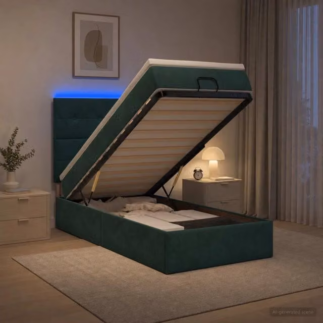 Letto Ottomano con Materasso Ibrido vidaXL in Velluto Verde Scuro con Illuminazione LED e Porte USB L/P/H: 190 x 90 x 88 cm