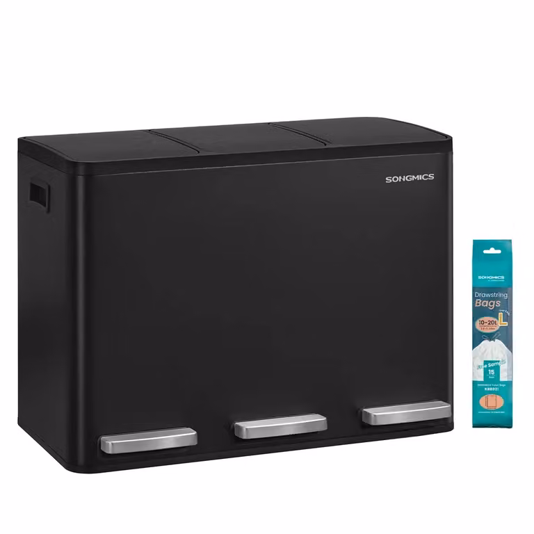 Cestino da Cucina per Raccolta Differenziata con Coperchio e Maniglie, 3 x 15 L / Nero