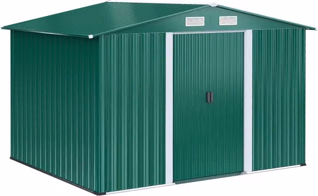 EasyComfort Casetta da Giardino Porta Utensili in Lamiera di Acciaio, Capanno da Giardino in Acciaio con Base e Porte Scorrevoli, 258x206x178cm, Verde