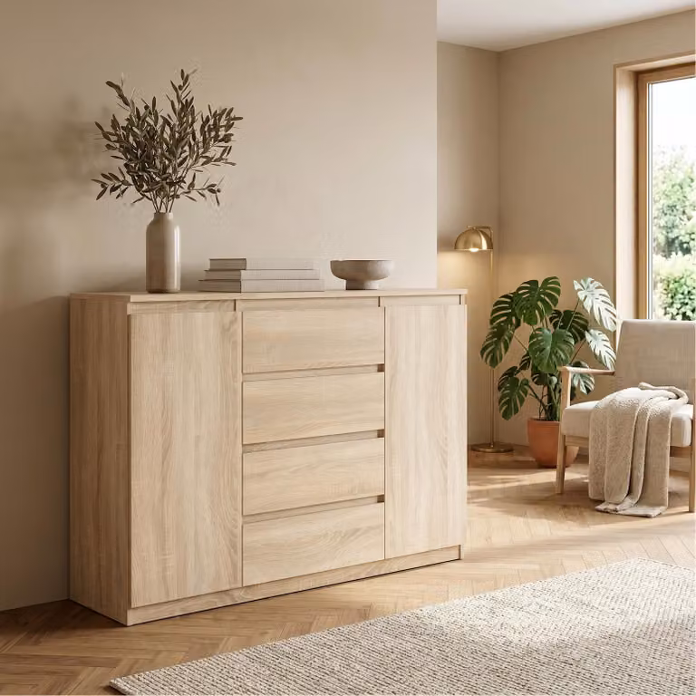 Comodà Masseno NUDO da 120 cm con 4 cassetti e 2 ante per soggiorno e camera da letto, stile moderno, 120x39x101,5 cm, rovere Sonoma / rovere Sonoma