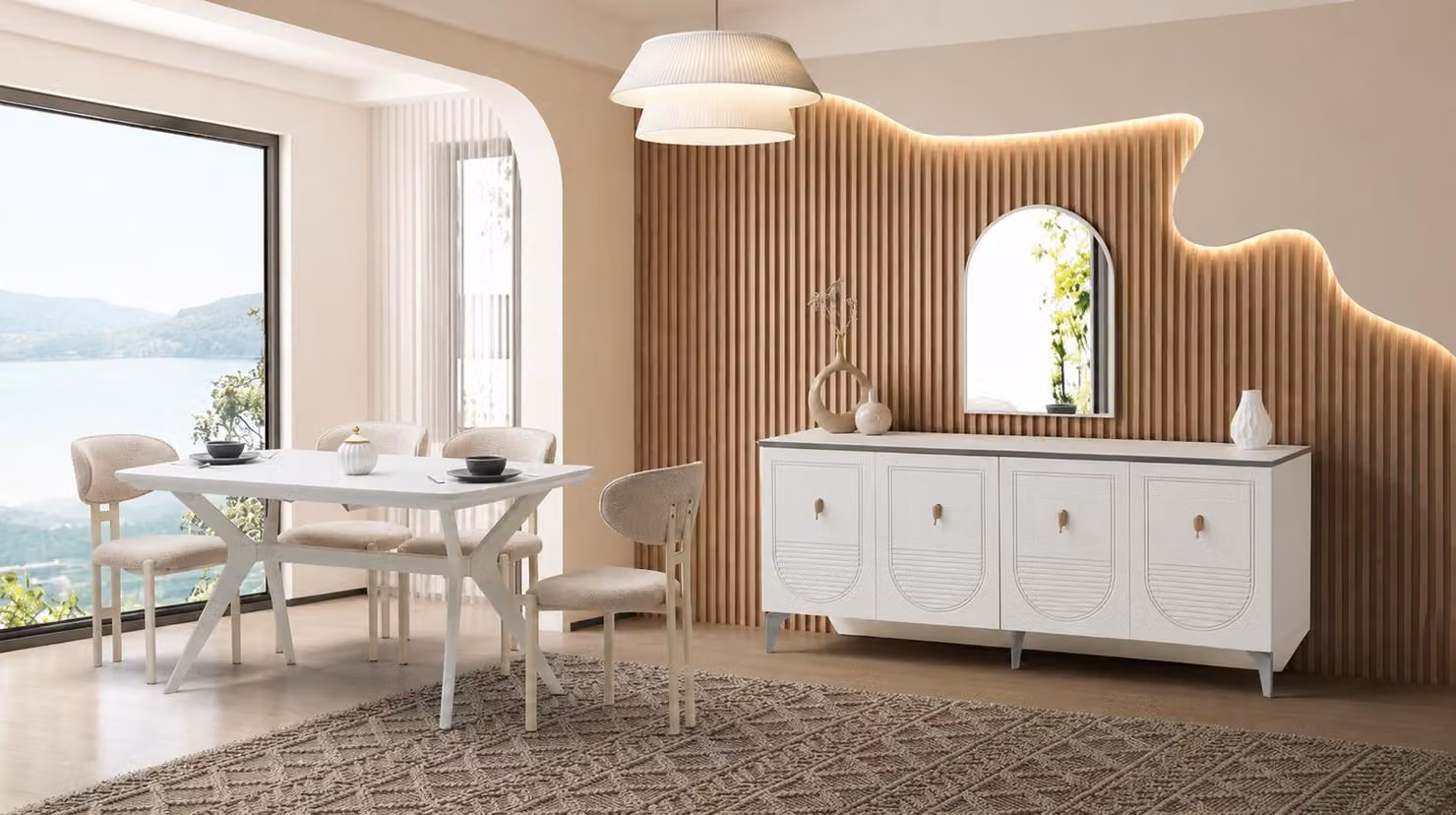 Set per sala da pranzo: tavolo, 4 sedie, credenza, specchio, stile moderno, colore bianco