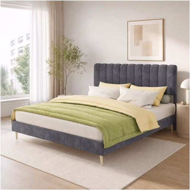 Desviae Letto a piattaforma 160 × 200 cm rivestito in velluto olandese grigio con struttura in metallo e montaggio semplice