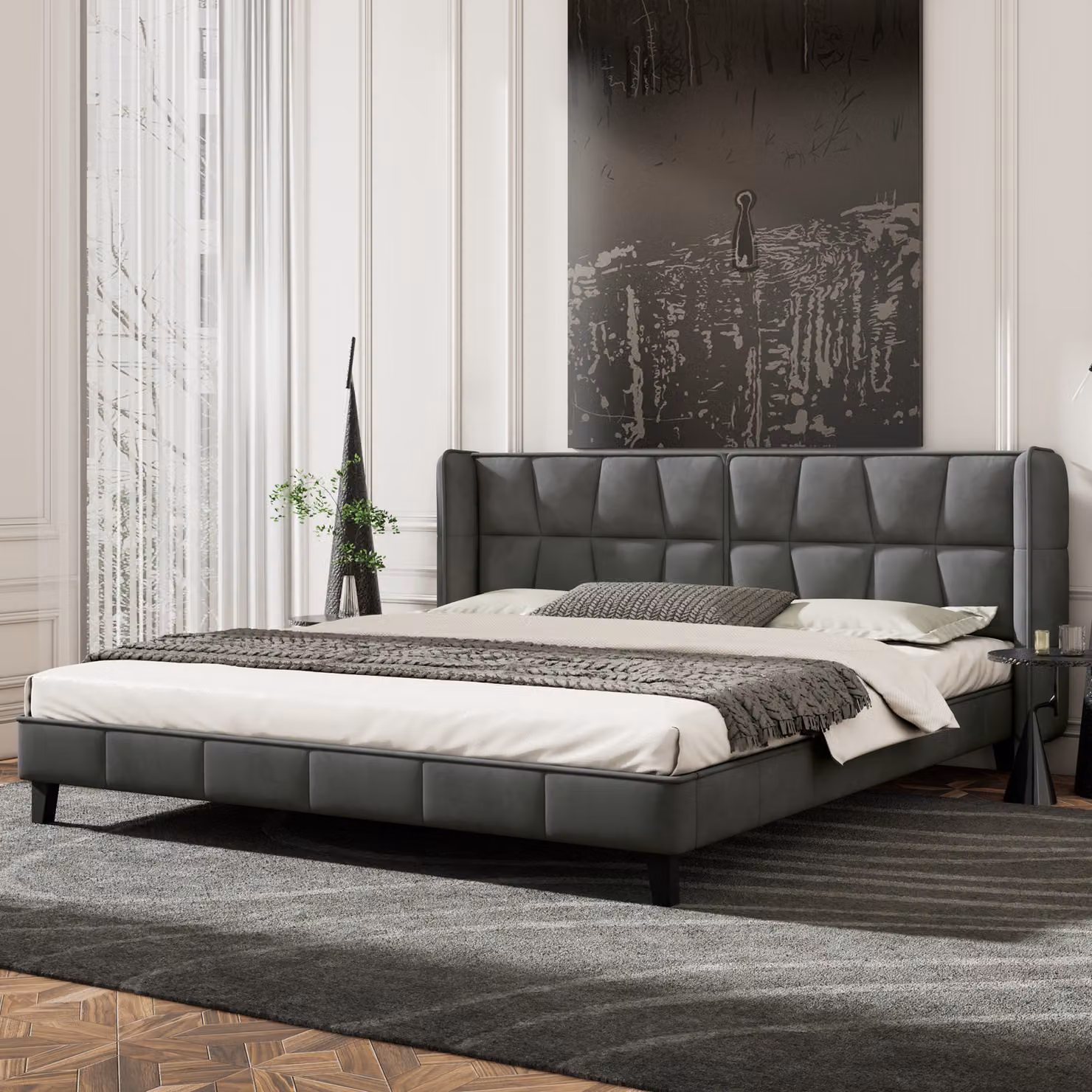 Letto imbottito Flieks 180x200cm matrimoniale con rete a doghe e testiera, letto in legno letto giovanile in velluto, letto funzionale letto matrimoniale, grigio