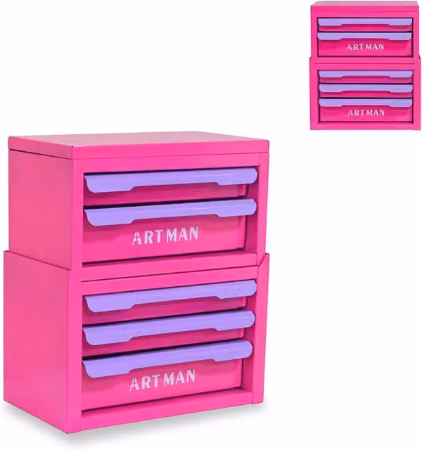 Organizzatore da scrivania multi-compartimento con cassetto in metallo e plastica, disponibile nei colori rosa e viola – 1