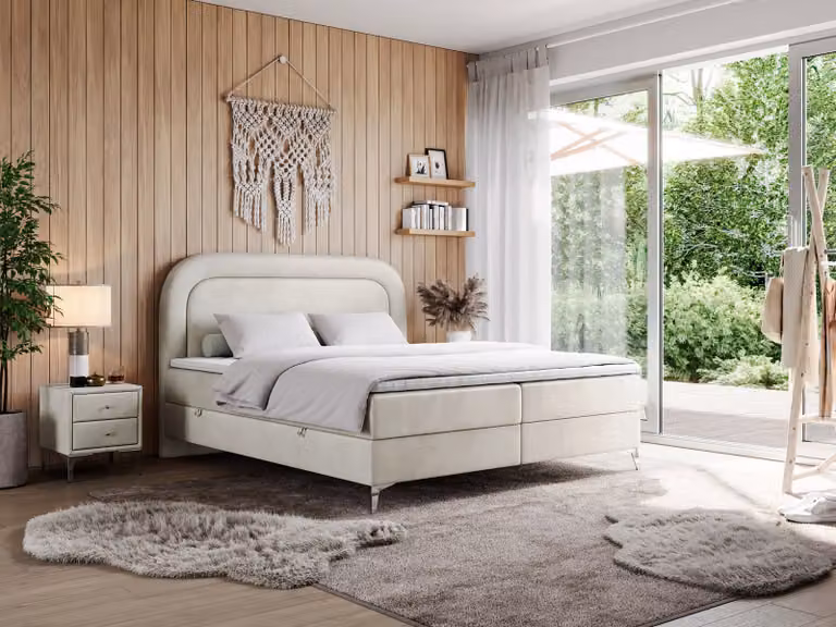 Letto matrimoniale, letto boxspring con materasso a molle insacchettate, per camera da letto - EIRA - 200x200 cm - Beige - H3