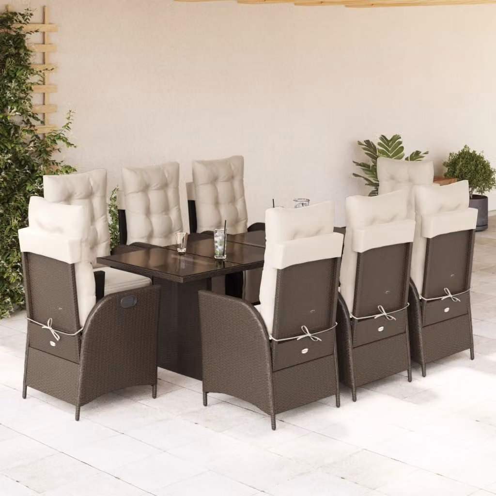 Set da Pranzo da Giardino vidaXL in Polyrattan Marrone con 9 Pezzi e Cuscini Bianchi – 1