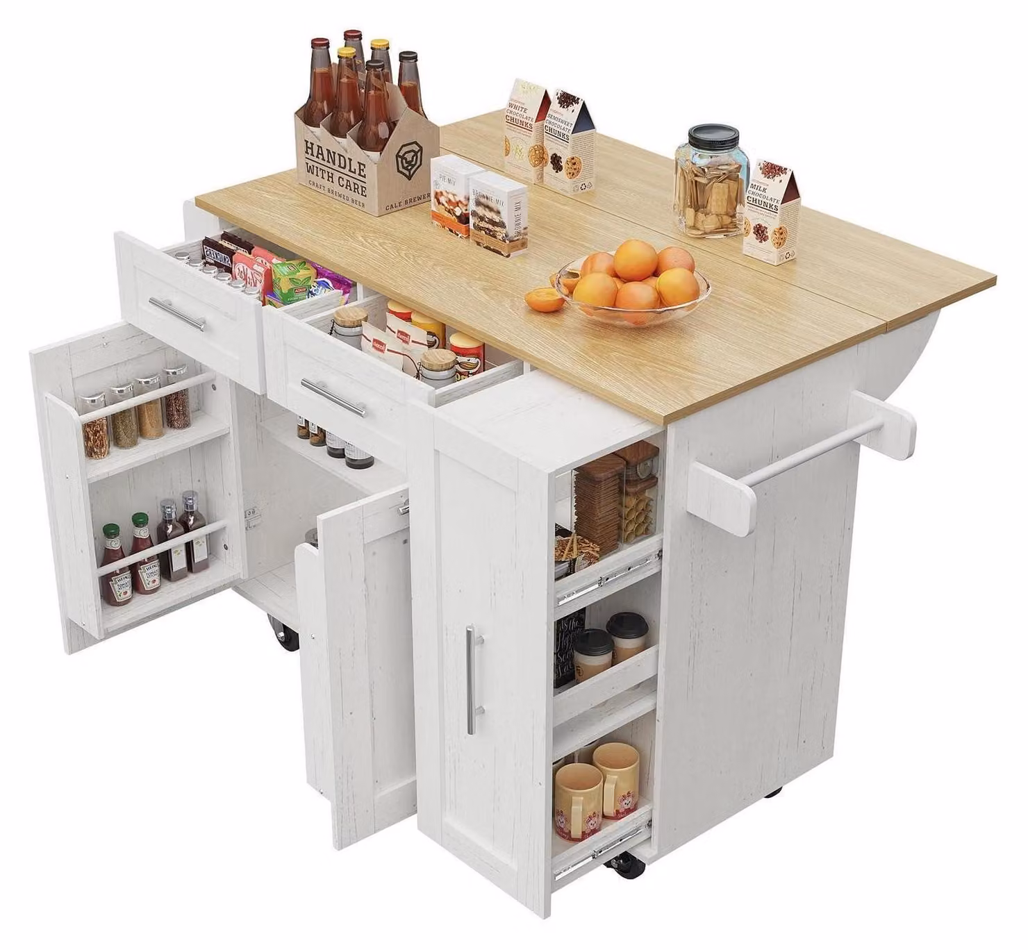 Isola da cucina con piano ribaltabile e spazio contenitivo, colore bianco, dimensioni 134,5 x 74 x 90,5 cm