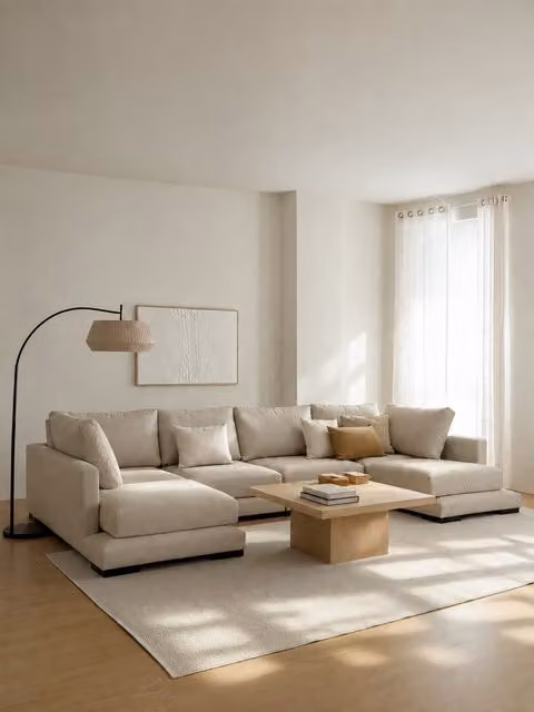 Divano componibile Travis Kenay Home a 5 posti con doppia chaise longue, colore perla, L: 364 cm