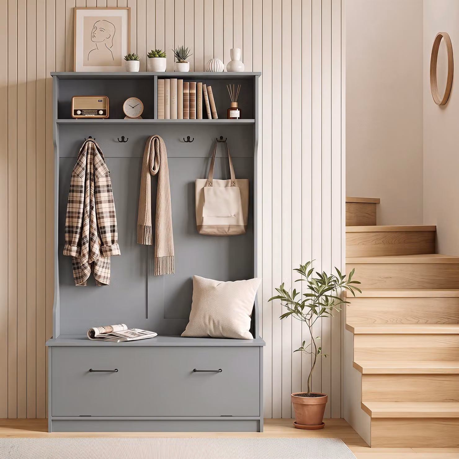 Costway Appendiabiti da terra con panca porta scarpe per ingresso e corridoio in legno, Grigio