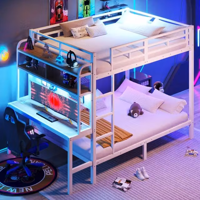 Letto a castello, 140 x 200 cm, struttura in ferro, con ripiano portaoggetti, scrivania, luce a LED, presa USB, bianco