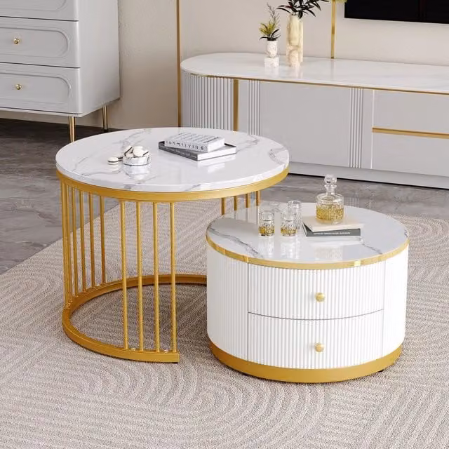 Set 2 Tavolini da Caff¨¨ Rotondi ¨C Xylo ¨C Bianco Lucido Effetto Marmo, 2 Cassetti, 60x60x45 & 50x50x32