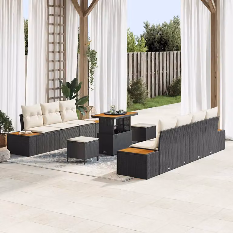 Set Divano da Giardino vidaXL a Forma di L con 9 Posti, Colore Nero, in Polyrattan e Acciaio con Cuscini Inclusi