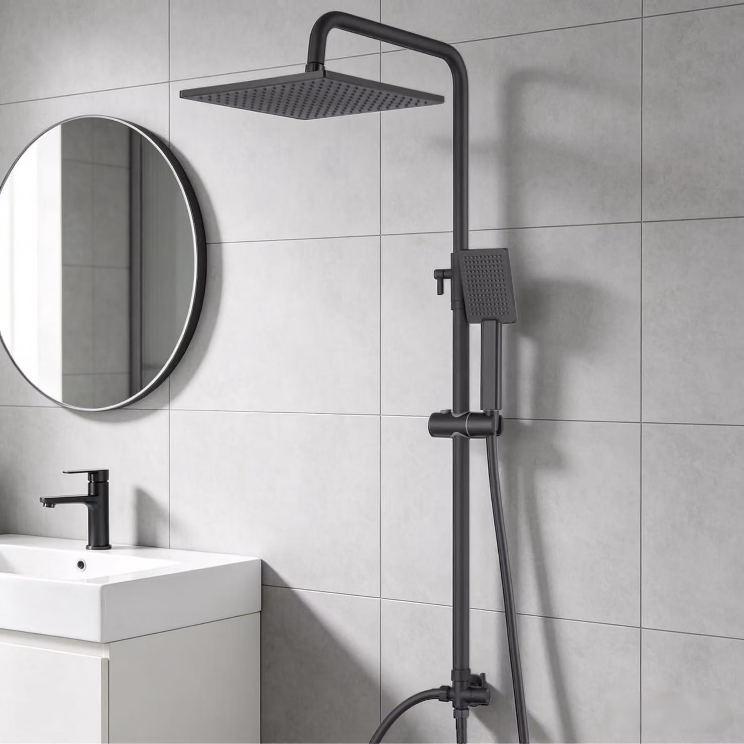 Set completo per sistema doccia: doccia a pioggia, soffione manuale, acciaio inossidabile, ottone, colore nero