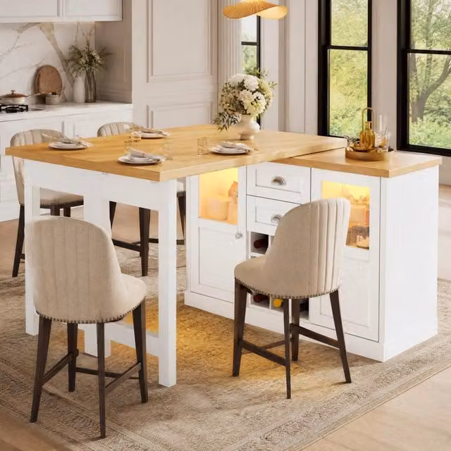 Tavolo da pranzo ULEVR girevole 360¡ã estensibile 120-197 cm con LED, 2 cassetti e portabottiglie, bianco