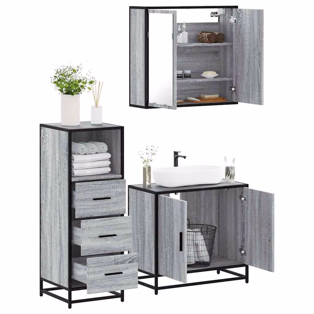 Set di mobili da bagno industrial vidaXL in 3 pezzi colore grigio con specchio, mobile lavabo e mobiletto laterale in legno e metallo