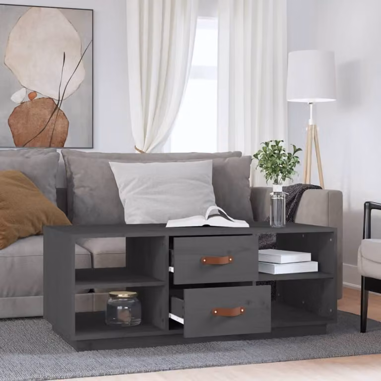 The Living Store Tavolino grigio 100x50x41 cm in legno di pino massiccio