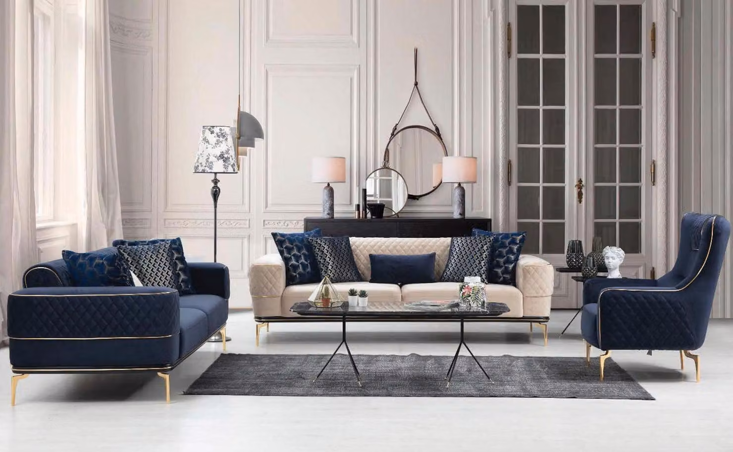 Sofagarnitur Sofa Luxus Sessel Sofas Dreisitzer 3+3+1 Sitzer Garnitur Modern