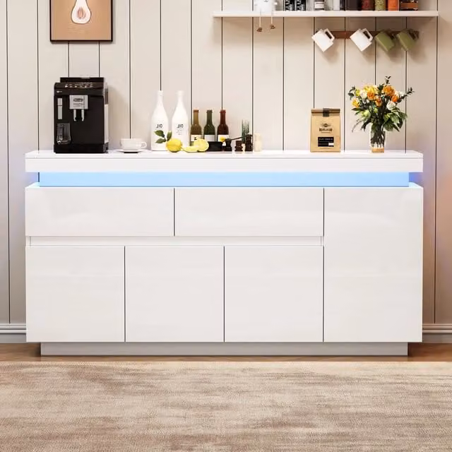 Mobile soggiorno 140x35x72,5 cm bianco lucido con 4 ante e 2 cassetti, mobile TV con LED