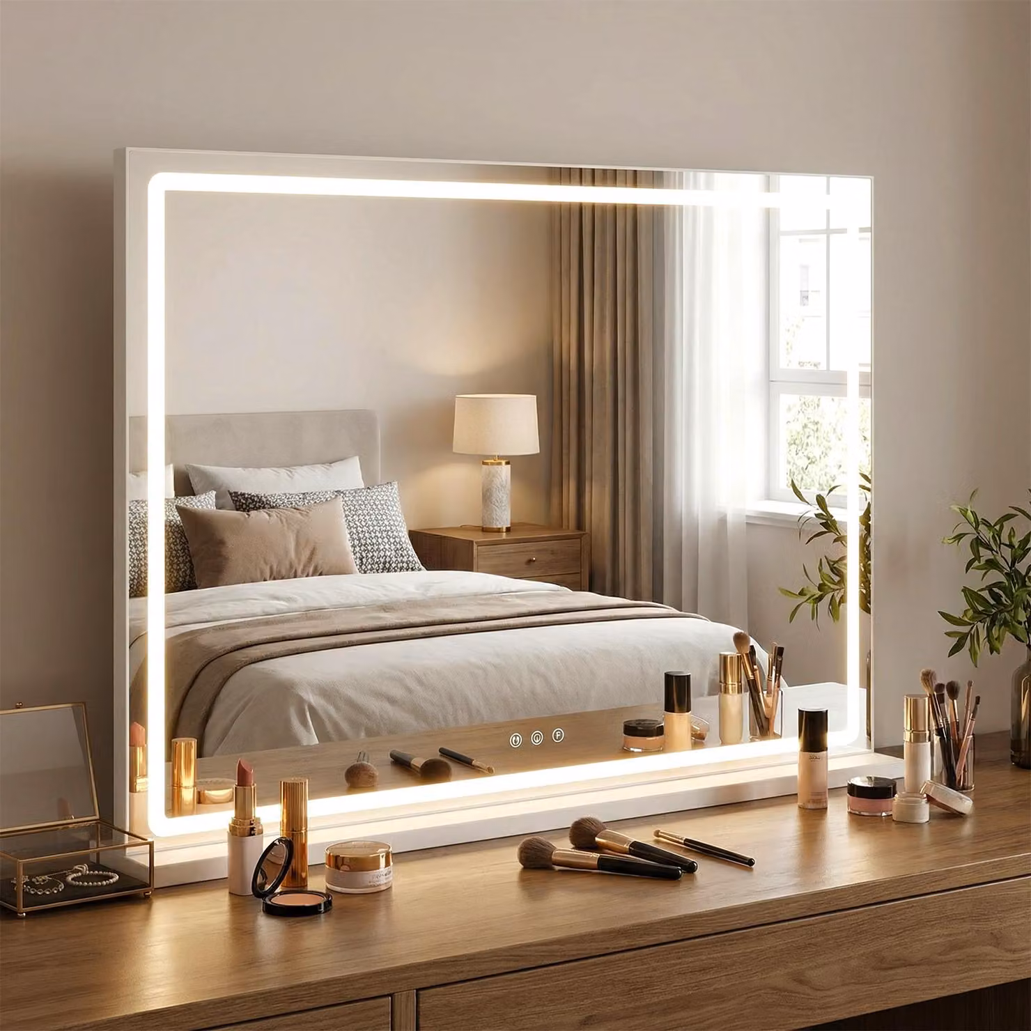 Specchio LED COSTWAY Hollywood, specchio cosmetico 80x60 cm con 3 colori di luce, luminosità regolabile e comando touch