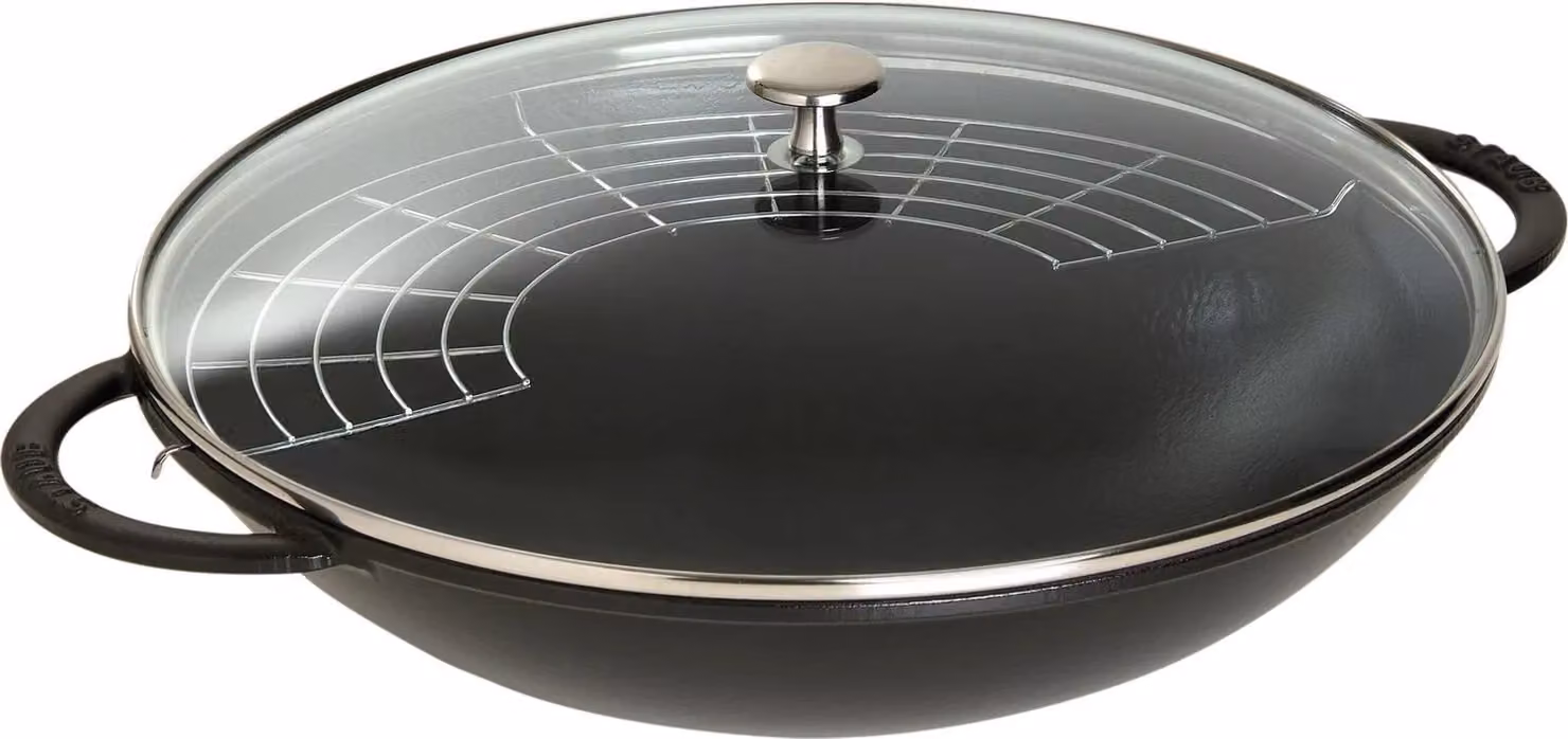 Wok in ghisa per induzione colore nero con maniglie e coperchio in vetro , diam. 37cm